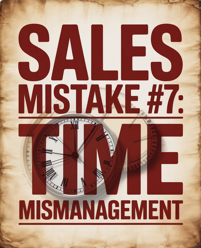 Sales Mistake #7 Time Mismanagement - vintage clock graphic showing sales time management challenges