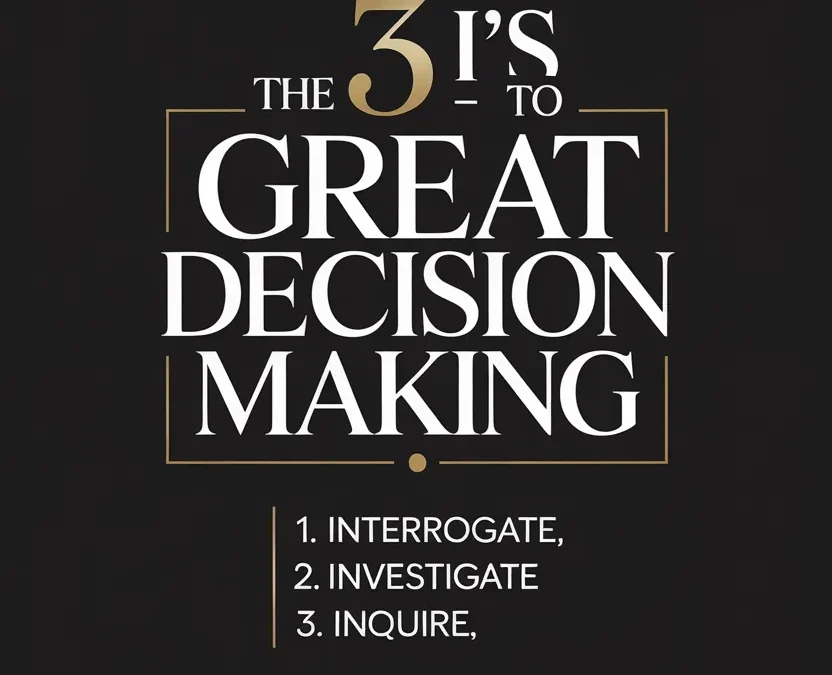 Poster-style graphic reading 'The 3 to Great Decision Making' with gold-accented typography on a black background; lists 1. Interrogate, 2. Investigate, 3. Inquire.