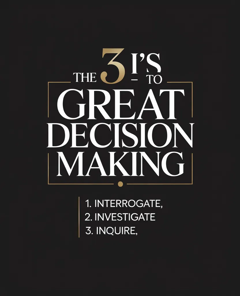 Poster-style graphic reading 'The 3 to Great Decision Making' with gold-accented typography on a black background; lists 1. Interrogate, 2. Investigate, 3. Inquire.