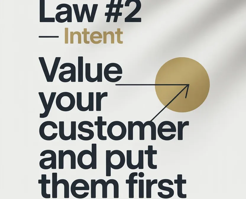 Poster reads: Law #2 — Intent, Value your customer and put them first, with a gold circle and line graphic.