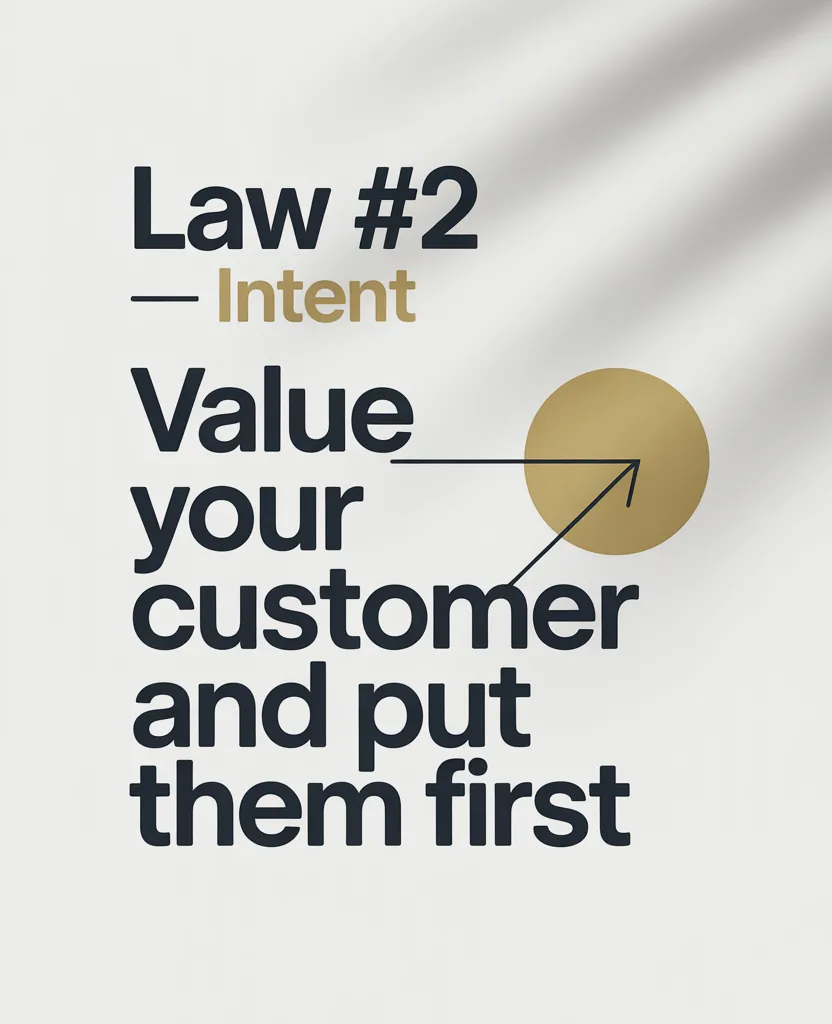 Poster reads: Law #2 — Intent, Value your customer and put them first, with a gold circle and line graphic.