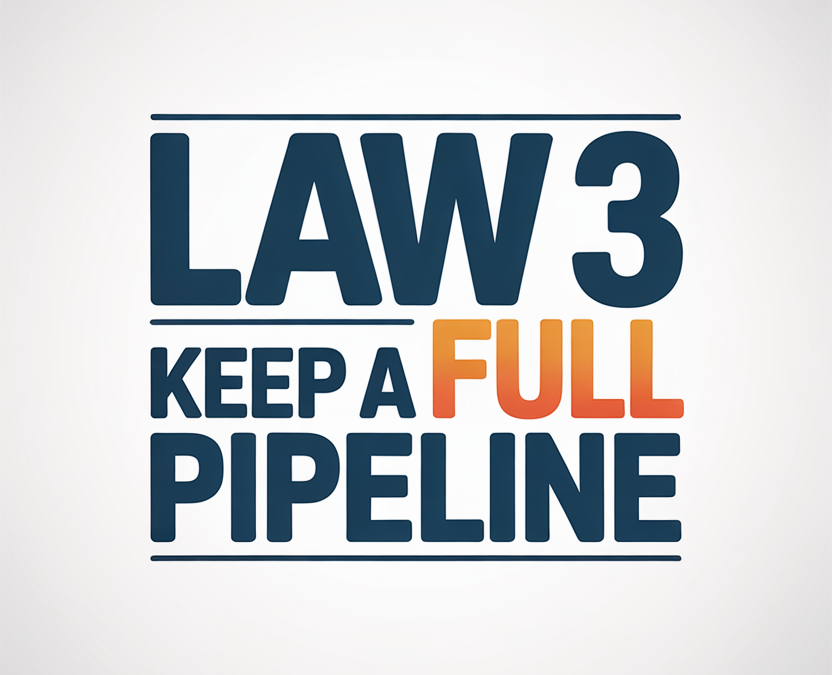 Slogan graphic reading LAW 3 KEEP A FULL PIPELINE, blue text with orange 'FULL' and decorative lines above/below.