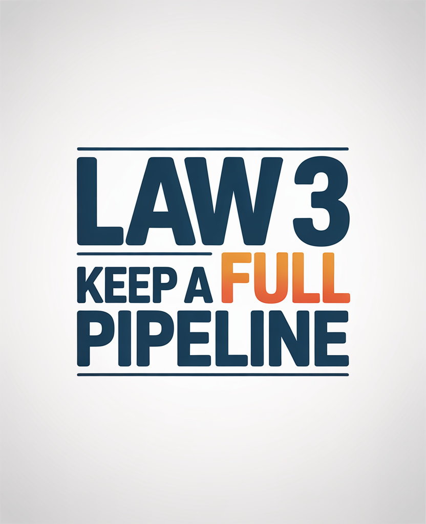 Slogan graphic reading LAW 3 KEEP A FULL PIPELINE, blue text with orange 'FULL' and decorative lines above/below.