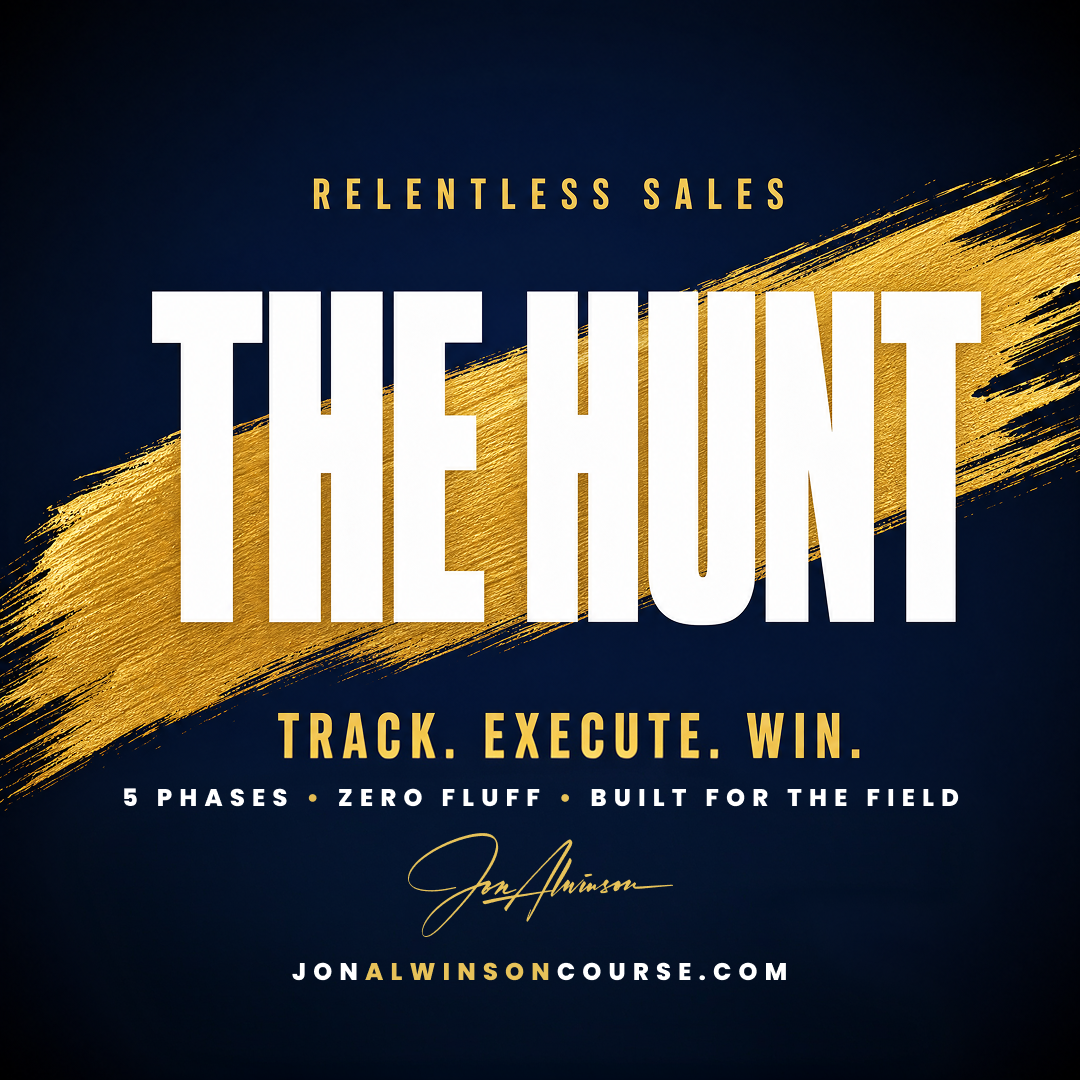 Promotional poster for 'THE HUNT' course with navy background, gold brush stroke, and white bold titleed text.